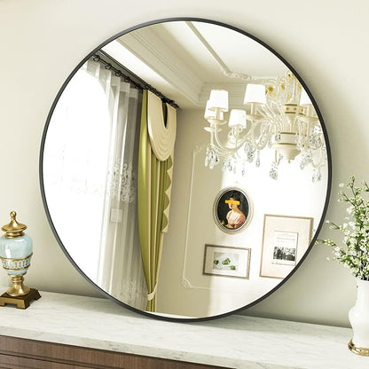 Round Mirror 28" Black Wall Mounted Circle Mirrors Vanity Mirror with Aluminum Alloy Frame Modern Decoration for Bathroom, Living Room, Vanity, Bedroom, Entryway
