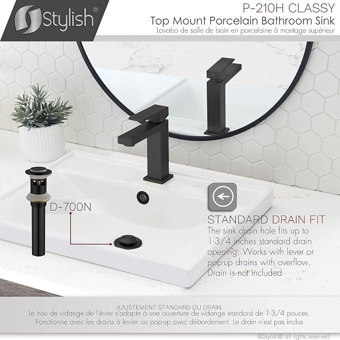 Stylish Drop in Bathroom Sink 20 1/4 x 16 Inch Porcelain Rectangular Bathroom Sinks Shiny Finish Smooth and Stain Resistant Surface with Chrome and Matte Black Overflow, P-210H