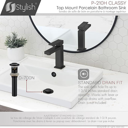 Stylish Drop in Bathroom Sink 20 1/4 x 16 Inch Porcelain Rectangular Bathroom Sinks Shiny Finish Smooth and Stain Resistant Surface with Chrome and Matte Black Overflow, P-210H
