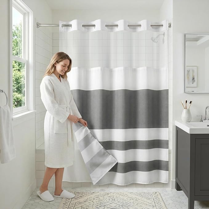 Americanflat 72x75 Hookless Shower Curtain - Water-Resistant Striped Shower Curtain with Sheer Panel, Snap-in Liner, and Durable Grommets - 100% Polyester - Grey and White