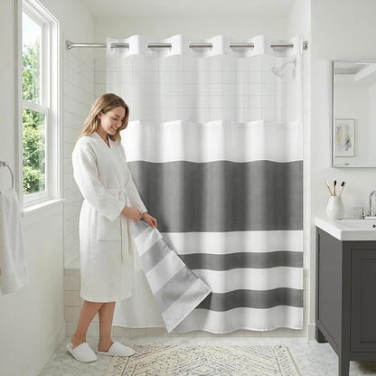 Americanflat 72x75 Hookless Shower Curtain - Water-Resistant Striped Shower Curtain with Sheer Panel, Snap-in Liner, and Durable Grommets - 100% Polyester - Grey and White