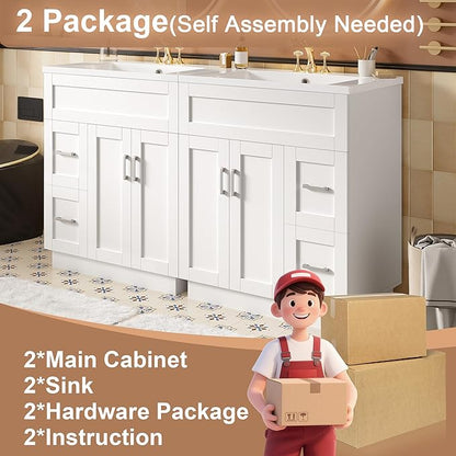 60" Bathroom Vanity Set with Double Sink, Harper & Bright Designs Vanity Cabinet with 4 Cabinet Doors, 4 Drawers, 2 Adjustable Shelves, Solid Wood Bathroom Cabinet with Resin Basin for Bathroom, White