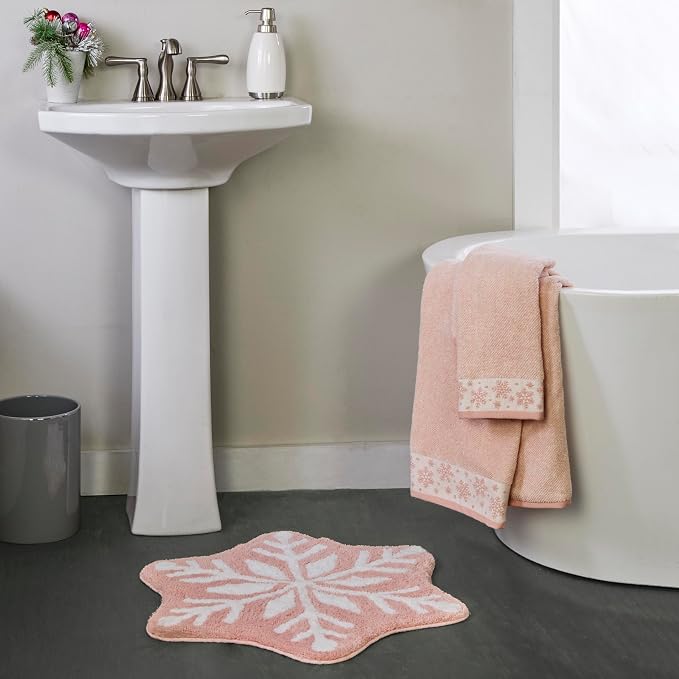 SKL Home Christmas/Winter Heather Snowflake Hand Towel Set-2pc, Blush Pink | 100% Cotton. 500 GSM. Plush & absorbent jacquard. Great for the bathroom, kitchen or bar & gifting.