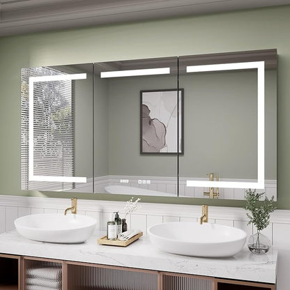 LED Medicine Cabinet Mirror, 48x30 Inch Bathroom Storage, Recessed/Wall Mount, Plug-in/Hardwired, 3 Color Dimmable Light, Anti-Fog, Time Temp Display
