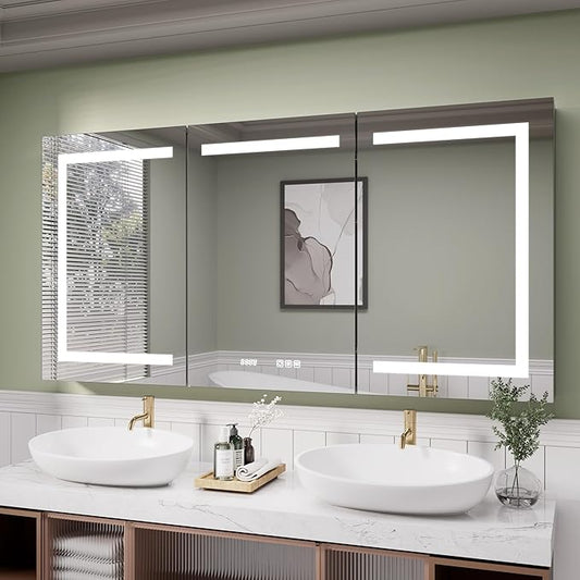 LED Medicine Cabinet Mirror, 48x30 Inch Bathroom Storage, Recessed/Wall Mount, Plug-in/Hardwired, 3 Color Dimmable Light, Anti-Fog, Time Temp Display