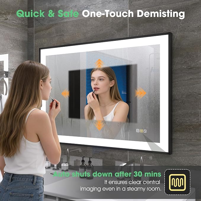 S·BAGNO 40" x 28" LED Bathroom Mirror with Black Frame, Led Mirror for Bathroom, Built in Bluetooth Speaker, Dimmable Brightness, Color Changing, Anti-Fog, Horizontally/Vertically