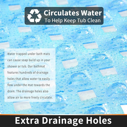 Yimobra Square Shower Mat Non Slip, Super Strong Suction Cups, 21"X21" Bath Tub Mat with Drain Holes, Machine Washable Fast Draining Bath Mats, Bathroom Essentials,Clear Blue
