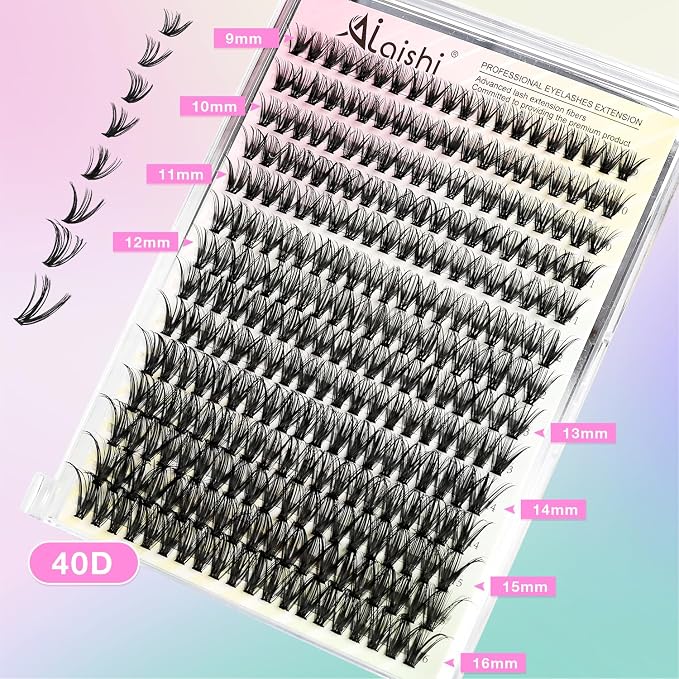 Lash Clusters DIY Cluster Eyelash Extensions 280pcs 9‑16mm 40D Fluffy D Curl Natural Volume Lashes–Waterproof Fake Cat Eye Wispy Individual Soft Clusters (16MIX2-2-X)