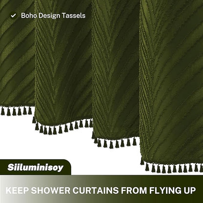Extra Long Olive Green Boho Woven Fabric Cute 84 Inch Shower Curtain, 72 x 84 Tufted Leaves Textured Striped Modern Farmhouse Minimalist Cloth Shower Curtain for Bathroom