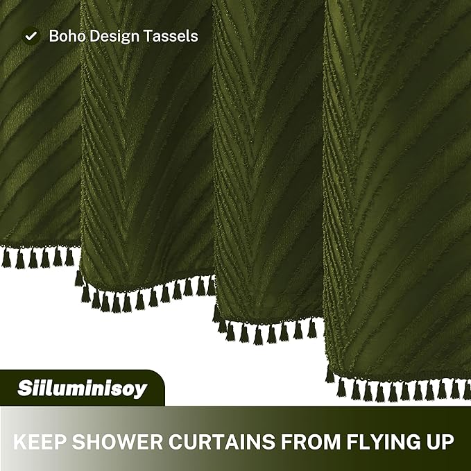 Olive Green Boho Shower Curtain Woven Fabric Cute Shower Curtain, 72 x 72 Tufted Leaves Textured Striped Modern Farmhouse Minimalist Cloth Shower Curtains for Bathroom