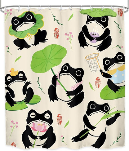 Funny Frog Kids Cartoon Animal Asian Japanese Bathroom Shower Curtain Set | 60Wx71H Traditional Lotus waterproof HD print, quick-dry fabric, and 12 hooks for easy setup