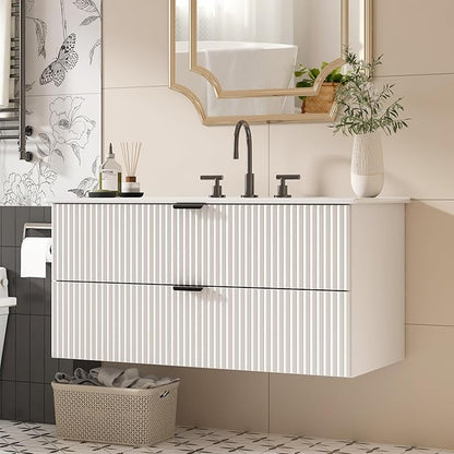 Bathroom Vanity 36 inch with Sink, Floating Bathroom Vanity, White Ceramic Sink & Double Drawers, Soft-Close Design, Wall Mount Bathroom Cabinet, Modern Floating 36" Vanity