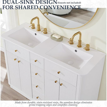 T4TREAM 48 Inch Bathroom Vanity with Sink, Modern Fluted Large Double Sink Bathroom Vanity with 2 Storage Cabinets, Adjustable Shelf, and 2 Drawers, Solid White