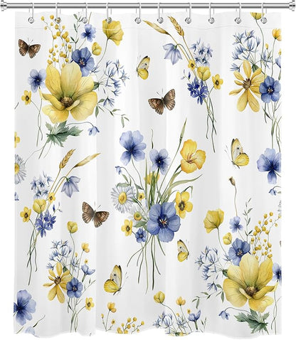 HVEST Farmhouse Floral Shower Curtain with Hooks, Blue and Yellow Flower and Butterfly on White Shower Curtain for Bathroom, Rustic Wildflower Bathroom Curtains Shower Set, 60X72 inch