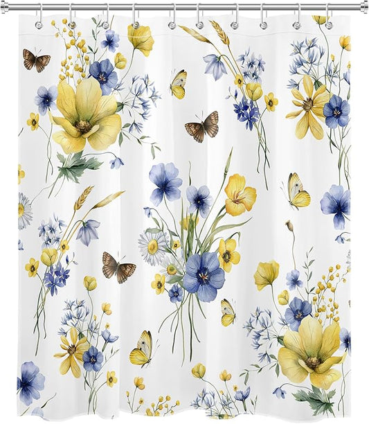 HVEST Farmhouse Floral Shower Curtain with Hooks, Blue and Yellow Flower and Butterfly on White Shower Curtain for Bathroom, Rustic Wildflower Bathroom Curtains Shower Set, 60X72 inch