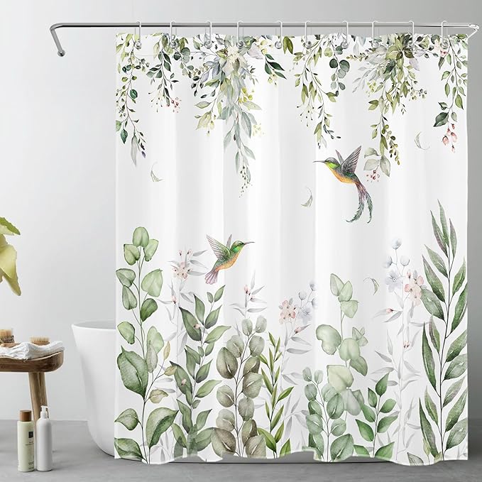 HVEST Sage Green Eucalyptus Shower Curtain for Bathroom, Spring Green Leaf and Pink Floral Hummingbird on White Shower Curtain with Hooks Nature Plant Bathroom Curtains Shower Set, 72L X 60W inches