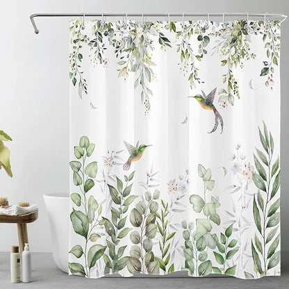 HVEST Sage Green Eucalyptus Shower Curtain for Bathroom, Spring Green Leaf and Pink Floral Hummingbird on White Shower Curtain with Hooks Nature Plant Bathroom Curtains Shower Set, 72L X 60W inches