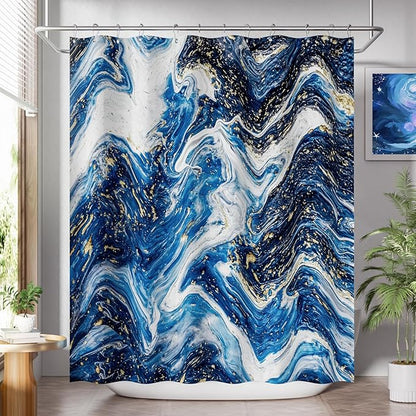 AmazerBath Shower Curtain Blue, Marble Fall Fabric Shower Curtain Sets with 12 Shower Curtain Hooks, Luxury Quality Home Hotel Washable Farmhouse Cloth Shower Curtains for Bathroom Decor, 72x72 Inches