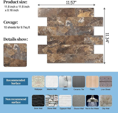 2026 New Upgrade Peel and Stick Backsplash Tile, Peel and Stick 11.34" X 11.57" Wall Tile for Kitchen, Bathroom, Fireplace, Laundry (Brown Stone Rock, 20 Packs)