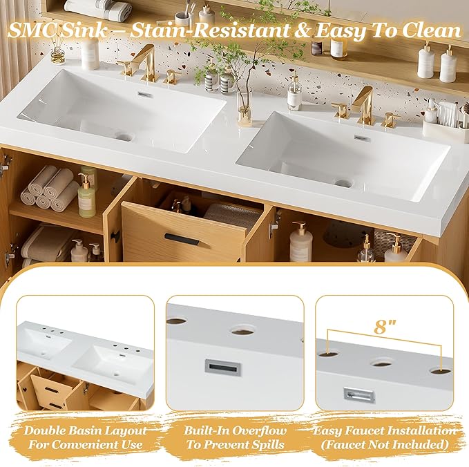 60 Inch Bathroom Vanity with Double SMC Resin Sink, 60 Double Sink Bathroom Vanity, Bathroom Vanity 60" Double Sink with Soft-Close Doors and Drawers, 4 Doors, 5 Drawers, Adjustable Shelves (Wood)