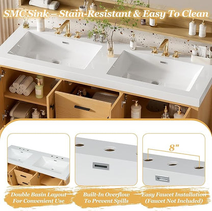 60 Inch Bathroom Vanity with Double SMC Resin Sink, 60 Double Sink Bathroom Vanity, Bathroom Vanity 60" Double Sink with Soft-Close Doors and Drawers, 4 Doors, 5 Drawers, Adjustable Shelves (Wood)