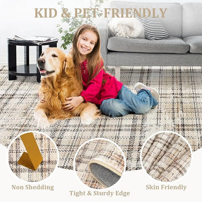 Tartan Plaid Washable Round Rugs, Non-Slip Soft Round Rug 4ft Ultra-Thin, Small Boho Circle Stain Resistant Low Pile Carpet for Entryway Kitchen Bedroom Nursery Bathroom, Beige