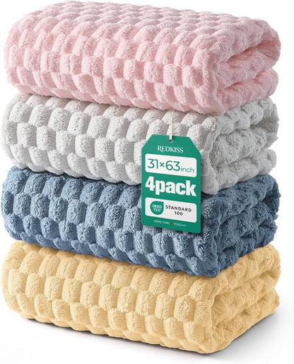 REDKISS Microfiber Bath Towel Large, 31”x 61” 4 Pack, Super Absorbent | Multicolor, Quick Dry, Super Soft, Lint Free, Fluffy Towel for Bathroom, Spa, Gym, Travel, Dorm, Ideal Everyday Use,