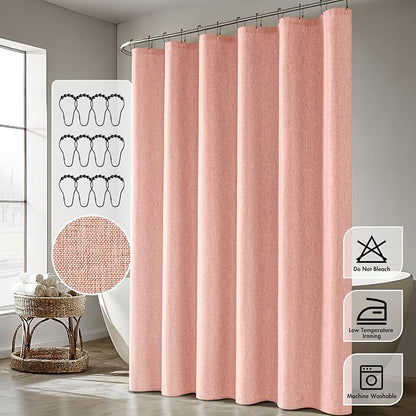 ANRODUO Blush Pink Linen Textured Fabric Shower Curtain Set - W72xL84 | Farmhouse Shower Curtain with 12 Metal Hooks, Waterproof Heavy Duty, Button Hole Design, Machine Washable for Bathroom