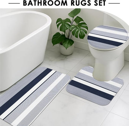 Bathroom Sets with Shower Curtain and Rug 4 Pcs Abstract Navy Blue | Striped Lines Modern Bathroom Decor Set with Toilet Lid Cover, Non-Slip Bath Mats and Accessories 12 Hooks