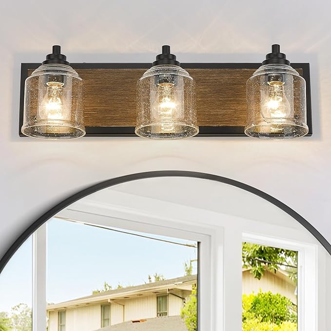 Vanity Lights for Bathroom Large 23", Farmhouse Rustic Vanity Light with Bubble Glass Shades, Brown 3 Light Bathroom Lighting Fixtures Over Mirror, Bath Wall Sconce Home Decor