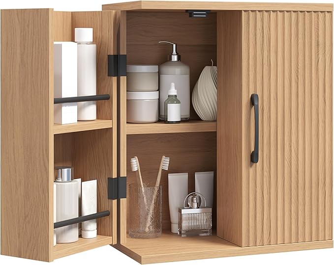 Bathroom Wall Cabinet, Medicine Cabinet Wall Mounted, Over The Toilet Storage Cabinet, Fluted Cabinet with 2 Doors, for Bathroom, Kitchen, Laundry Room, Natural