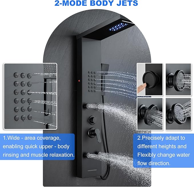 POPFLY Shower Panel Tower System, LED Rainfall & Waterfall Shower Head with Body Jets, Handheld Shower & Tub Spout, Matt Black Stainless Steel Wall-Mounted Bathroom Shower Column Tower