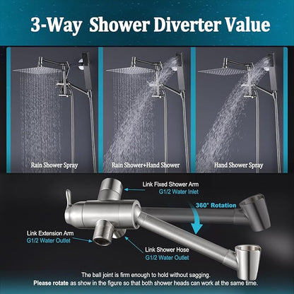 All Metal For California Rain Shower Head with Handheld Spray Combo, YDmeet 8 Inch Rainfall Shower Head, 14" Adjustable Extended Arm, Stainless Steel Handheld, 3 Way Diverter, 71" Hose, Brushed Nickel