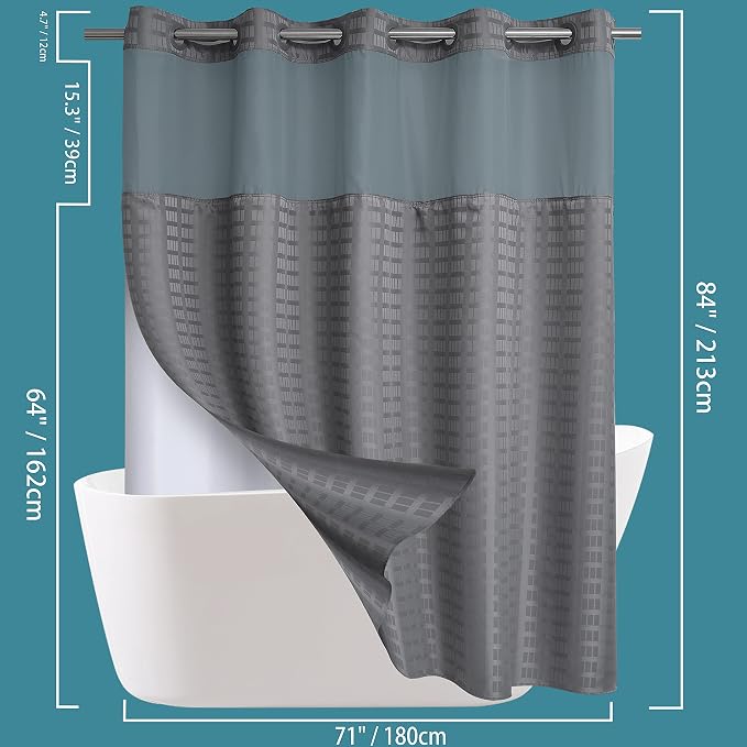 Conbo Mio Extra Long No Hook Shower Curtain with Snap in Liner Set, Hotel Luxury Grey Shower Curtains for Bathroom with See Through Top Window, Waterproof, Washable 71W x 84H