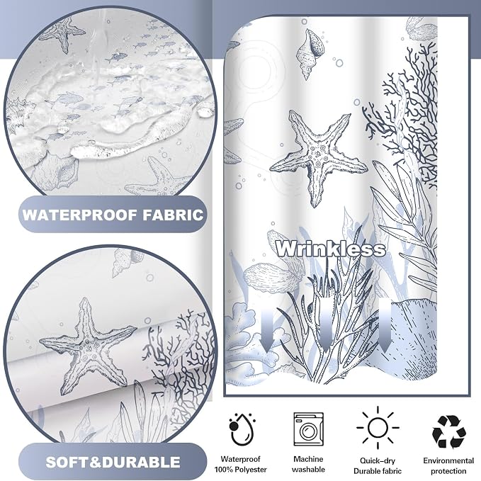 Extra Long No Hook Shower Curtain with Snap in Liner, Beach Ocean Nautical Coastal Shower Curtains and Liner Set for Bathroom, Seashell Fabric Bath Curtain, Waterproof Washable, Grey 71"x84"
