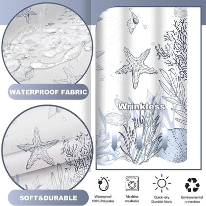 Extra Long No Hook Shower Curtain with Snap in Liner, Beach Ocean Nautical Coastal Shower Curtains and Liner Set for Bathroom, Seashell Fabric Bath Curtain, Waterproof Washable, Grey 71"x84"