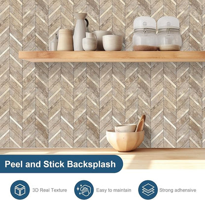 Yipscazo 10-Sheet Herringbone Backsplash Peel and Stick Tile, Beige Stone Mixed Metal Gold PVC Stick on Backsplash for Kitchen, Waterproof Self Adhesive Wall Tile for Bathroom