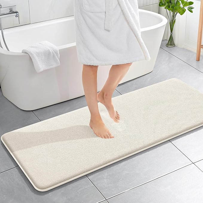 OLANLY Memory Foam Bathroom Runner Rugs 59x20, Absorbent Long Mat, Ivory | Soft Quick Dry Bath Rugs, Non-Slip Carpet, Machine Washable Mat for Bathroom Floor, Tub and Shower, Home Decor Accessories