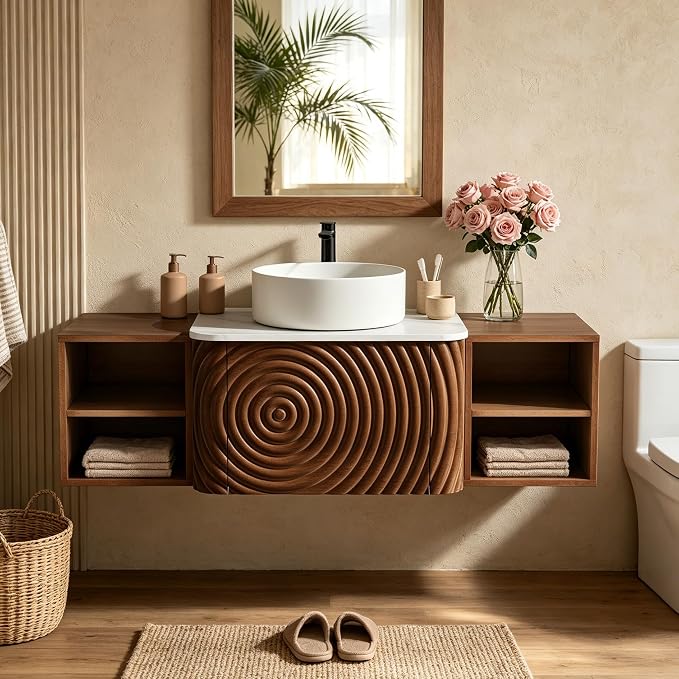 48" Floating Bathroom Vanity with Sink, Mid-Century Wall Mounted Bathroom Vanity Cabinet with Wood Waved Decor,Ceramic Vessel Basin and Sintered Stone Top, Soft Close Drawer, 2 Side Open Cube