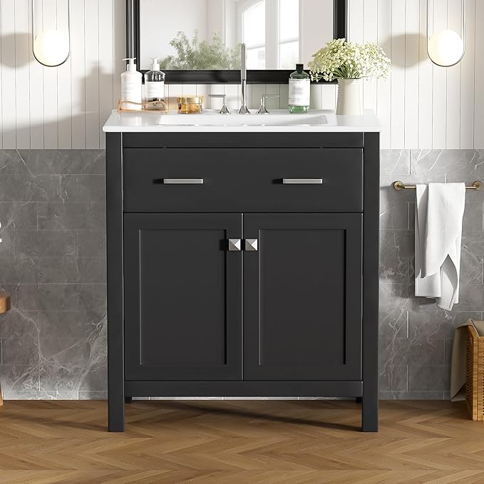 Favfurish 30" Bathroom Vanity with Ceramic Sink,Undermount Single Basin Vanity Set w/1 Flip-Out Drawer and 2 Soft-Close Doors & Adjustable Shelf,Freestanding Storage Cabinet,Solid Wood Frame,Black