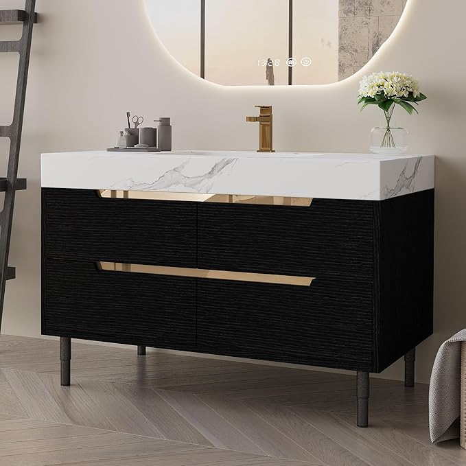 35.4" Freestanding Black Bathroom Vanity with Sintered Stone Countertop and Ceramic Basin Sink, Modern Bathroom Cabinet with 4 Soft Closing Drawers, Hidden Handle, Powder-Coated Metal Legs