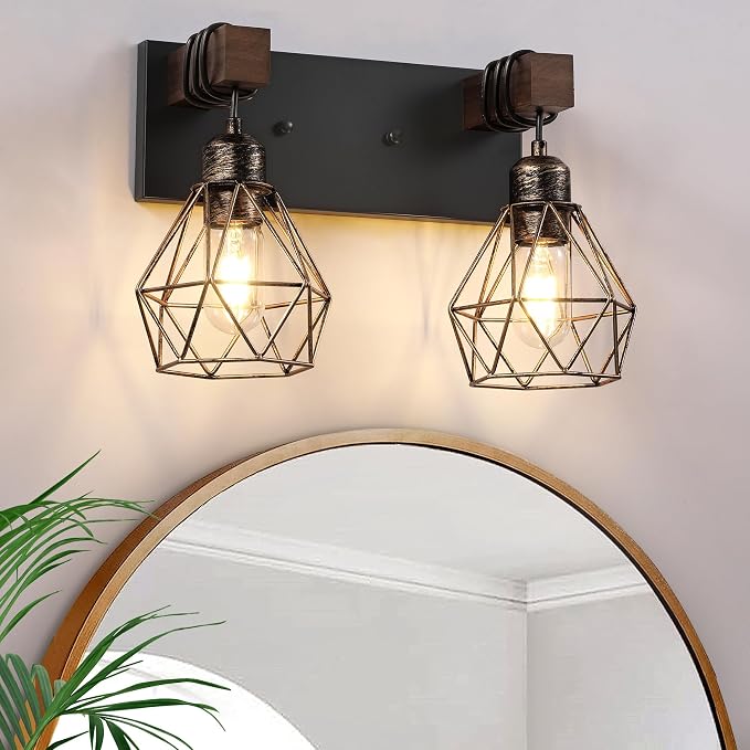 VbiTmn Black Gold Bathroom Light Fixtures, 2-Light Farmhouse Vanity Light | Metal Diamond Shade, Rustic Wall Mount Over Mirror for Bedroom & Hallway, Easy to Install, Sturdy Build for Bathroom Use