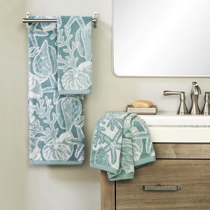 SKL Home South Seas Shell Hand Towel Set-2pc, 100% Cotton, Teal/White | 550 GSM weight. Plush, absorbent & reversible. For the bathroom, kitchen or bar. Fun for Airbnb, beach homes & coastal décor.