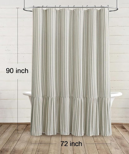 Farmhouse Shower Curtain Ruffle Linen Cream-Green Stripe 72"W x 90"L | Farmhouse Boho, Striped, Bottom Ruffle, Linen Fabric, Rustic, Country, Natural Look, Washable, for Bathroom Bathtub