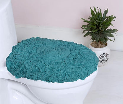 Home Weavers Bell Flower Toilet Lid Cover – 18"x18", 100% Cotton Tufted, Soft & Absorbent, Non-Slip, Machine Washable Bathroom Seat Cover, Blue