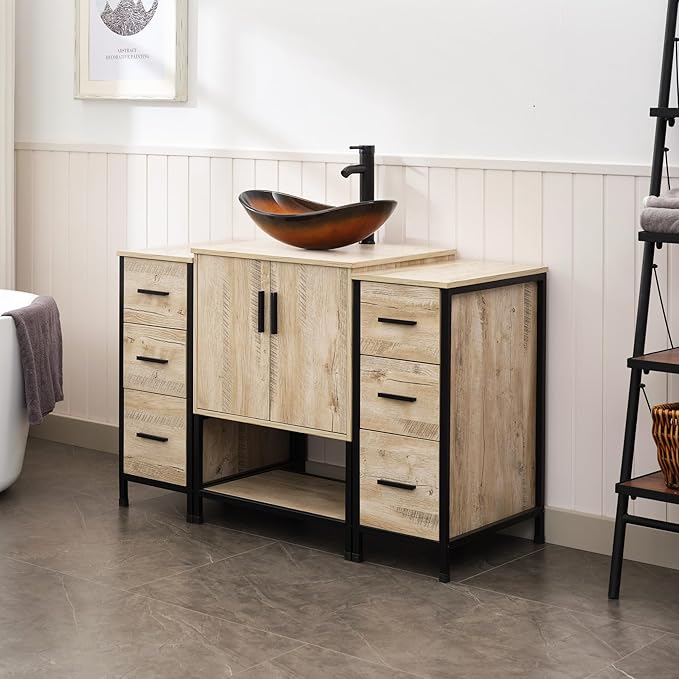 UEV 48" Rustic Oak Bathroom Vanity with Sink Combo,Industrial Iron Frame Bathroom Cabinet Sets with Double 3 Drawers Side Cabinet,Modern Brown Boat Tempered Glass Vessel Sink(029BR)