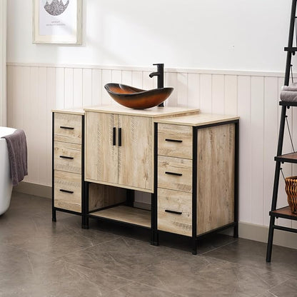 UEV 48" Rustic Oak Bathroom Vanity with Sink Combo,Industrial Iron Frame Bathroom Cabinet Sets with Double 3 Drawers Side Cabinet,Modern Brown Boat Tempered Glass Vessel Sink(029BR)