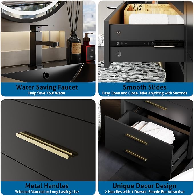 eclife 84" Bathroom Vanity Sink Combo, Modern Painted Vanities Storage Cabinet with 24" Mid Makeup Vanity Desk, 30" Dual Black Basins, Faucets & Drains, Black