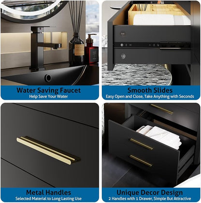 eclife 84" Bathroom Vanity Sink Combo, Modern Painted Vanities Storage Cabinet with 24" Mid Makeup Vanity Desk, 30" Dual Black Basins, Faucets & Drains, Black