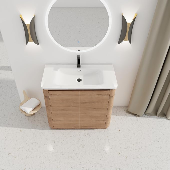 36-Inch Bathroom Vanity with Sink Mid-Century Bathroom Vanities with Top Basin Floor Wood Bathroom Sink Cabinet with Soft-Close Doors & Adjustable Storage Shelves (Brown)